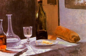 クロード・モネ Painting - ボトルカラフェのある静物画 パンとワイン クロード・モネ